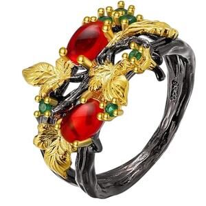 Gothic Ruby Black Ring with Rhinestones Size 8